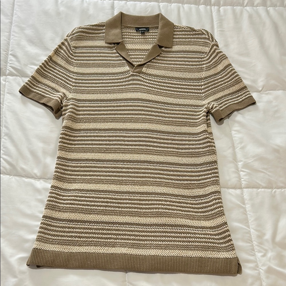 Express Men's Polo Shirt - Beige and Brown Stripes